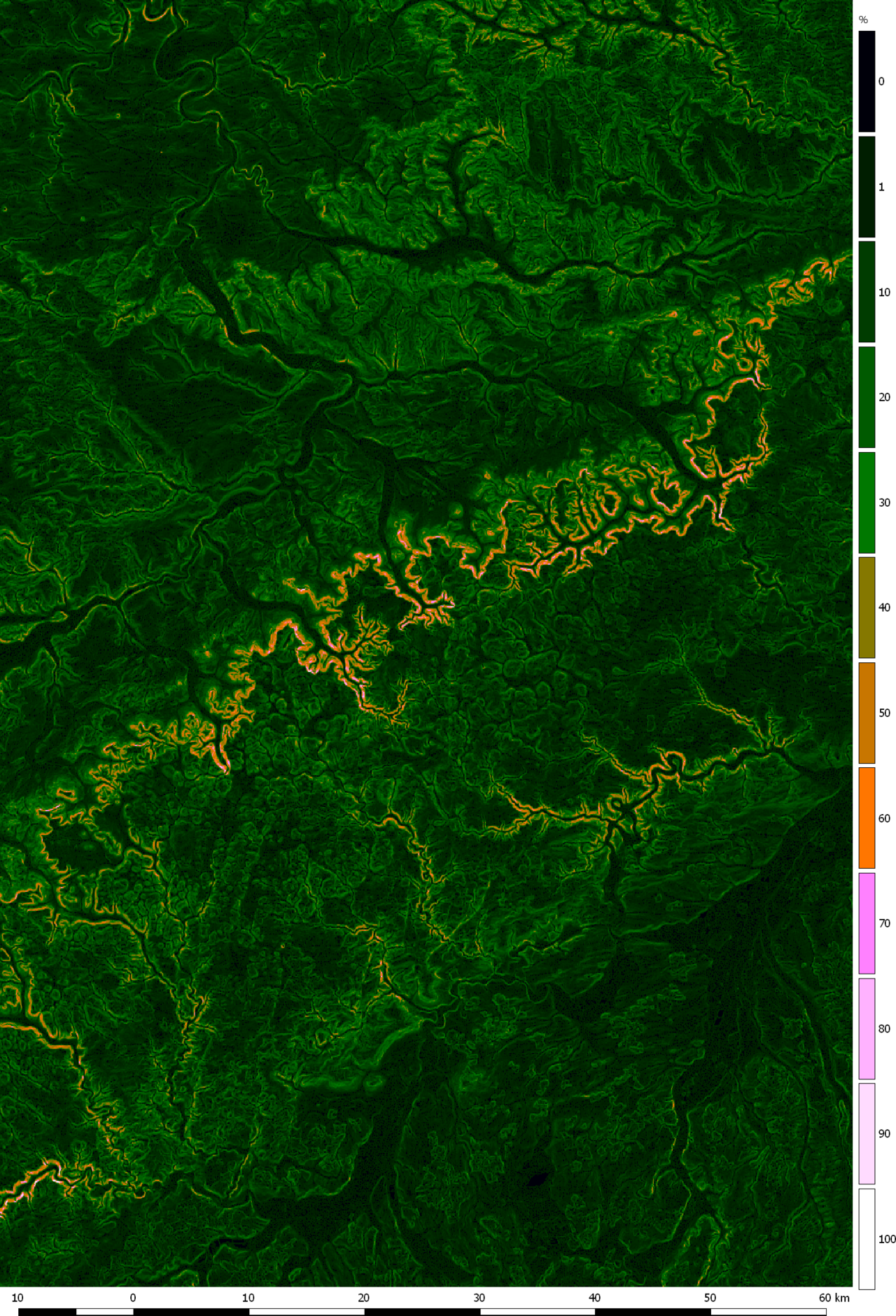 Terrain slope map calculated from a digital elevation model