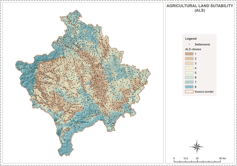 Agricultural land suitability map obtained through multi-criteria analysis