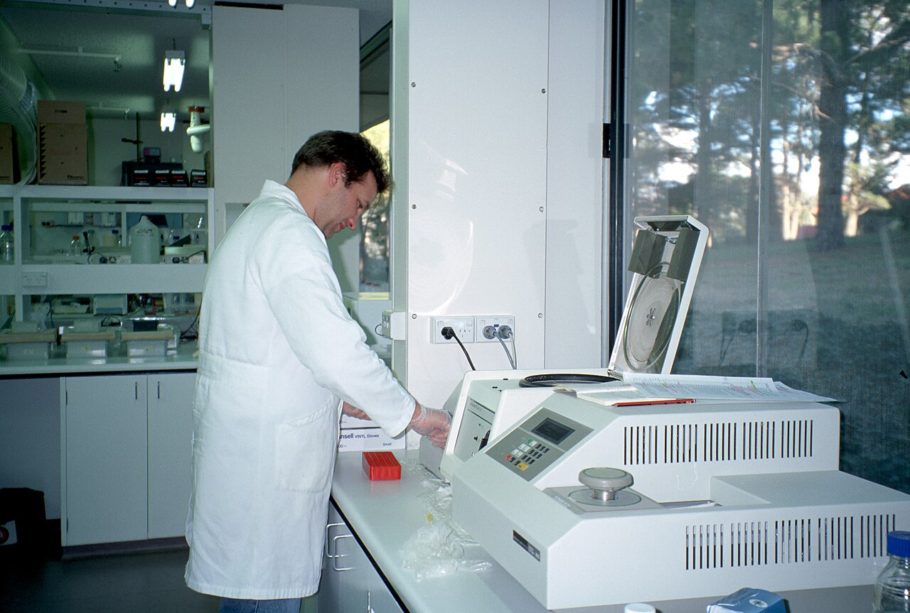Polymerase chain reaction (PCR) device in a genetic laboratory; molecular confirmation of the pathogen